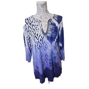 Chico's Top Tunic Beaded 3/4 Sleeve Tie Dyed V-Neck Beach Women's Large
